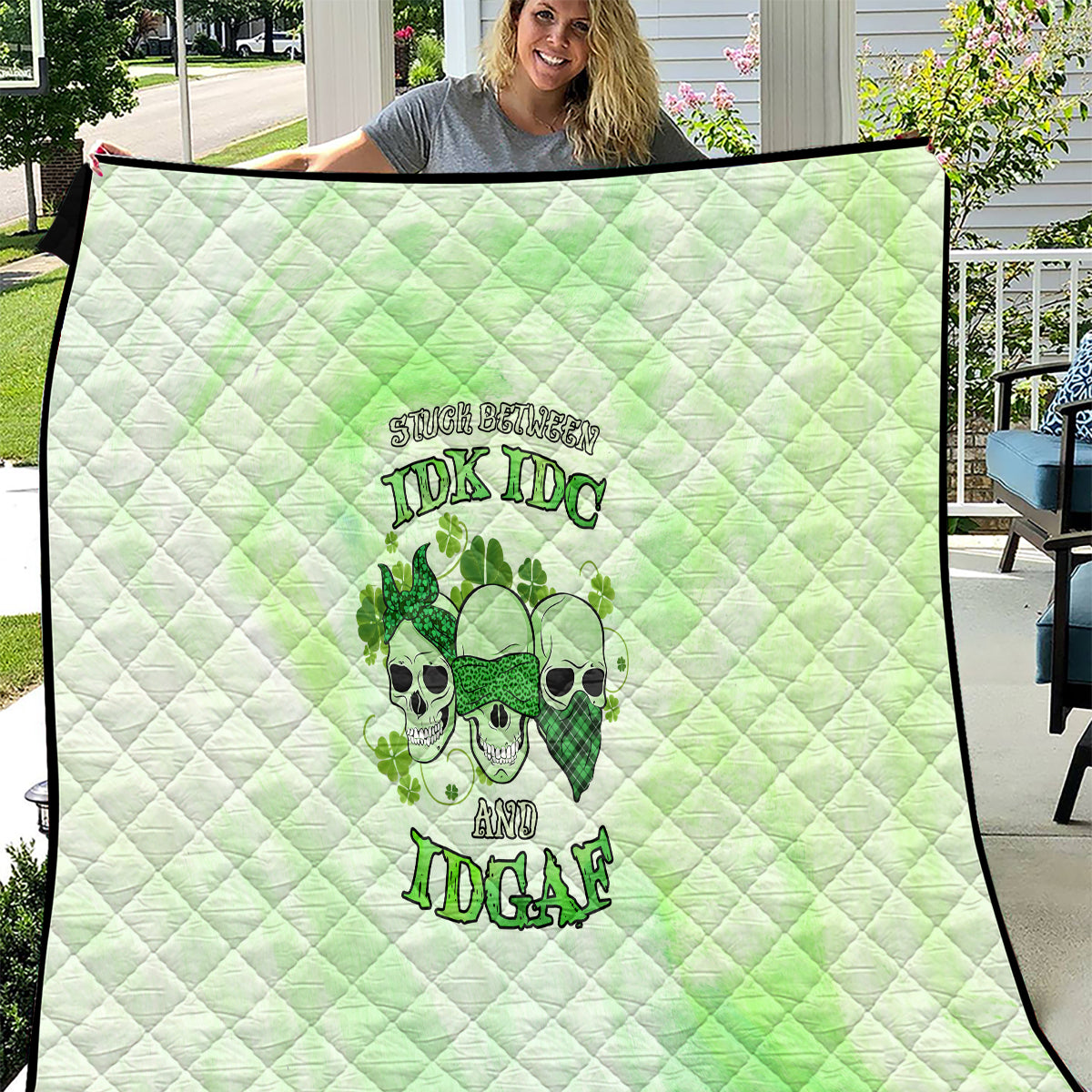 Stuck Between Idk Idc And Idgaf Rose Skull Patrick's Day Quilt - Wonder Print Shop