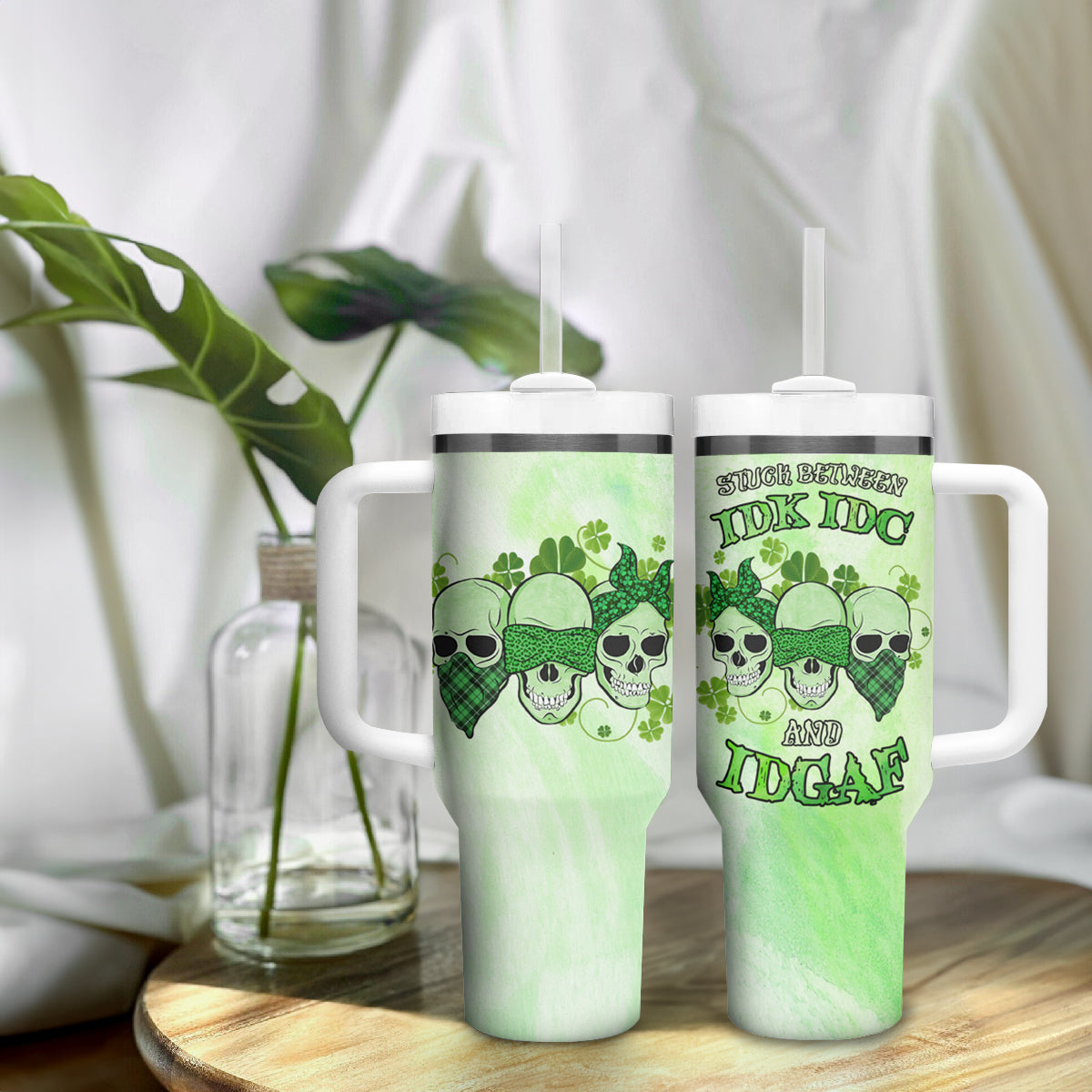 Stuck Between Idk Idc And Idgaf Rose Skull Patrick's Day Tumbler With Handle - Wonder Print Shop