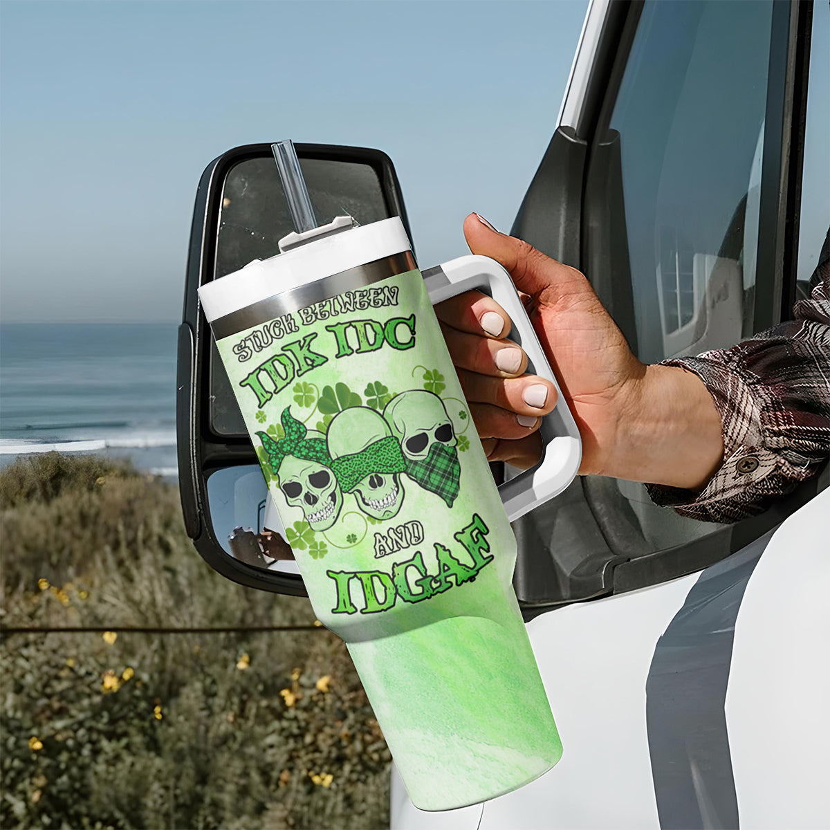 Stuck Between Idk Idc And Idgaf Rose Skull Patrick's Day Tumbler With Handle - Wonder Print Shop