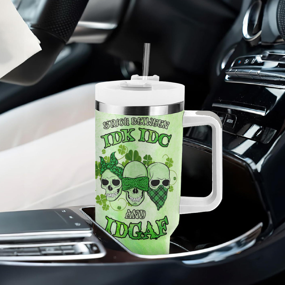 Stuck Between Idk Idc And Idgaf Rose Skull Patrick's Day Tumbler With Handle - Wonder Print Shop