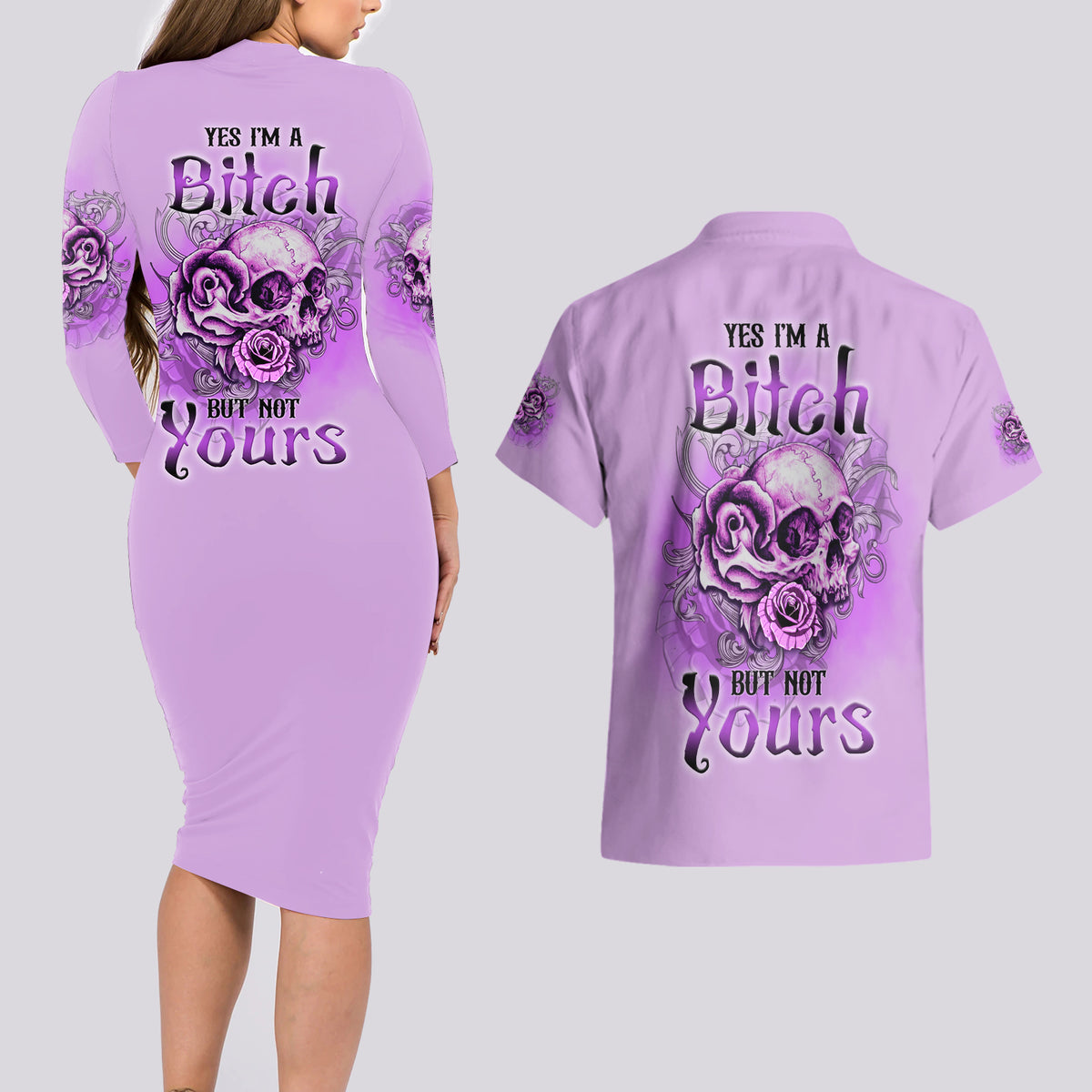 Yes I'm A B But Not Yours Purple Couples Matching Long Sleeve Bodycon Dress and Hawaiian Shirt - Wonder Print Shop