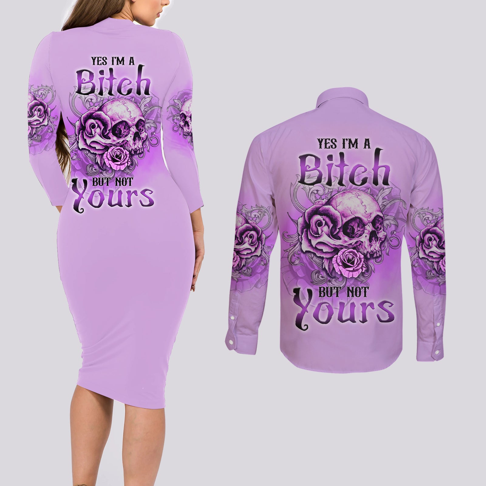Yes I'm A B But Not Yours Purple Couples Matching Long Sleeve Bodycon Dress and Long Sleeve Button Shirt - Wonder Print Shop