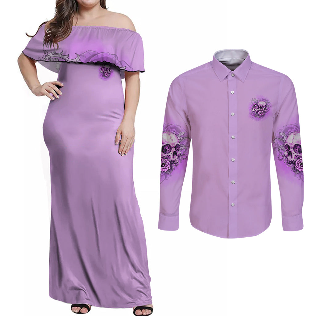 Yes I'm A B But Not Yours Purple Couples Matching Off Shoulder Maxi Dress and Long Sleeve Button Shirt - Wonder Print Shop