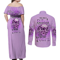 Yes I'm A B But Not Yours Purple Couples Matching Off Shoulder Maxi Dress and Long Sleeve Button Shirt - Wonder Print Shop