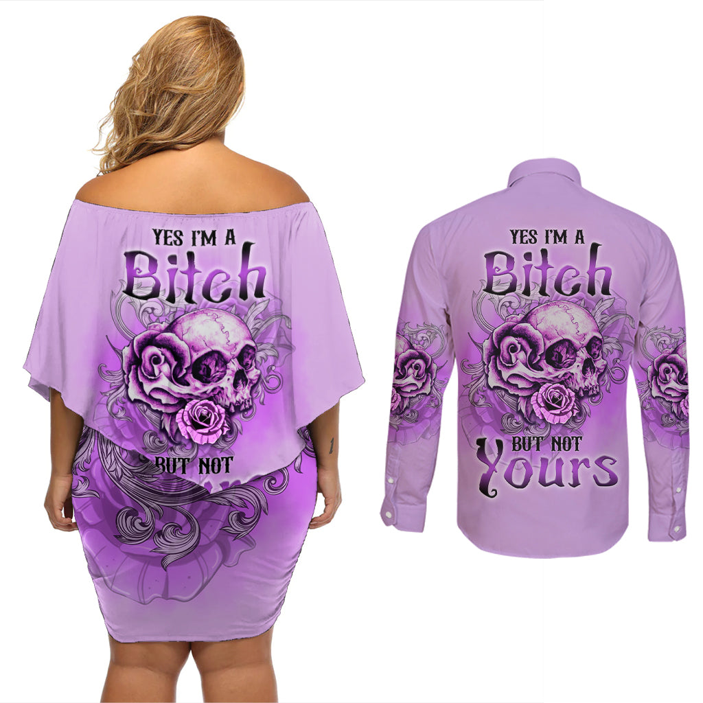 Yes I'm A B But Not Yours Purple Couples Matching Off Shoulder Short Dress and Long Sleeve Button Shirt - Wonder Print Shop