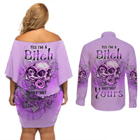 Yes I'm A B But Not Yours Purple Couples Matching Off Shoulder Short Dress and Long Sleeve Button Shirt - Wonder Print Shop