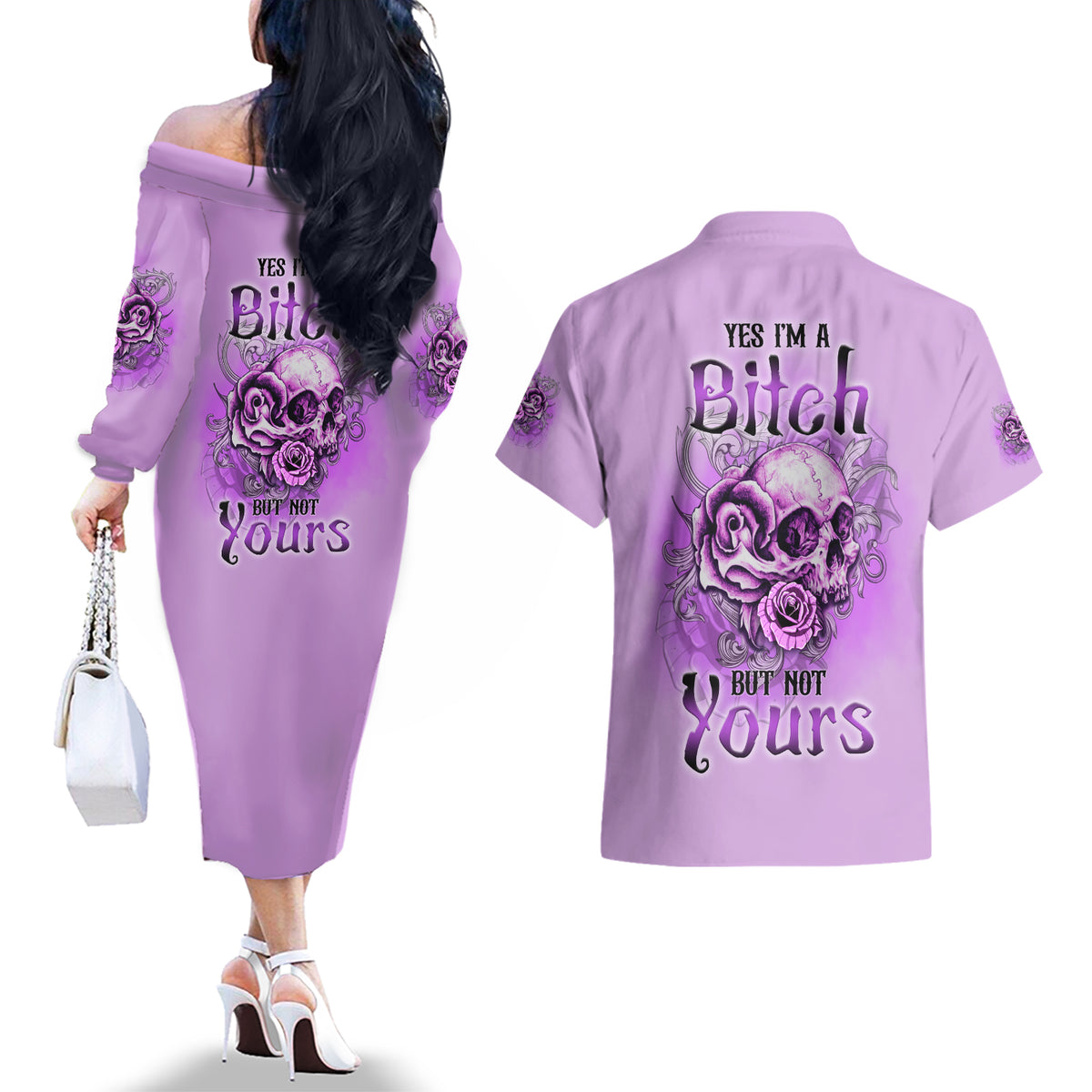 Yes I'm A B But Not Yours Purple Couples Matching Off The Shoulder Long Sleeve Dress and Hawaiian Shirt - Wonder Print Shop