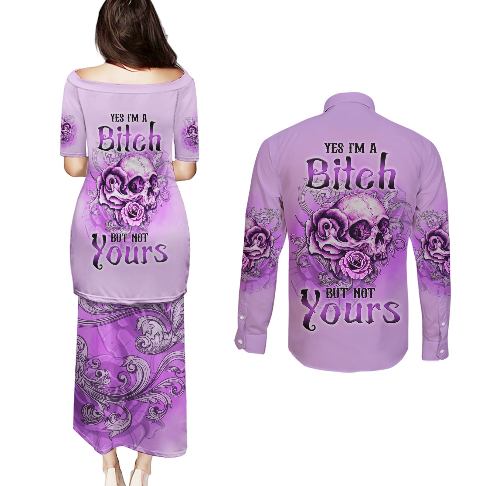 Yes I'm A B But Not Yours Purple Couples Matching Puletasi Dress and Long Sleeve Button Shirt - Wonder Print Shop