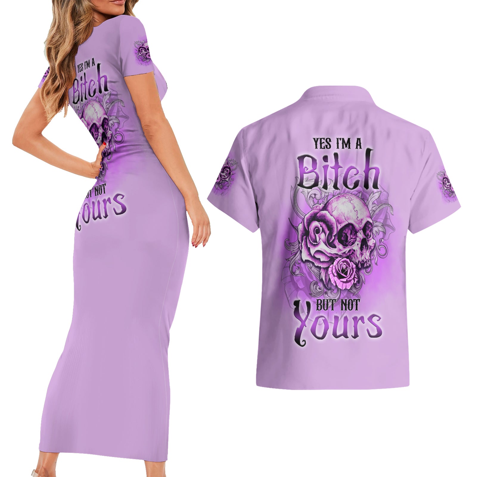 Yes I'm A B But Not Yours Purple Couples Matching Short Sleeve Bodycon Dress and Hawaiian Shirt - Wonder Print Shop