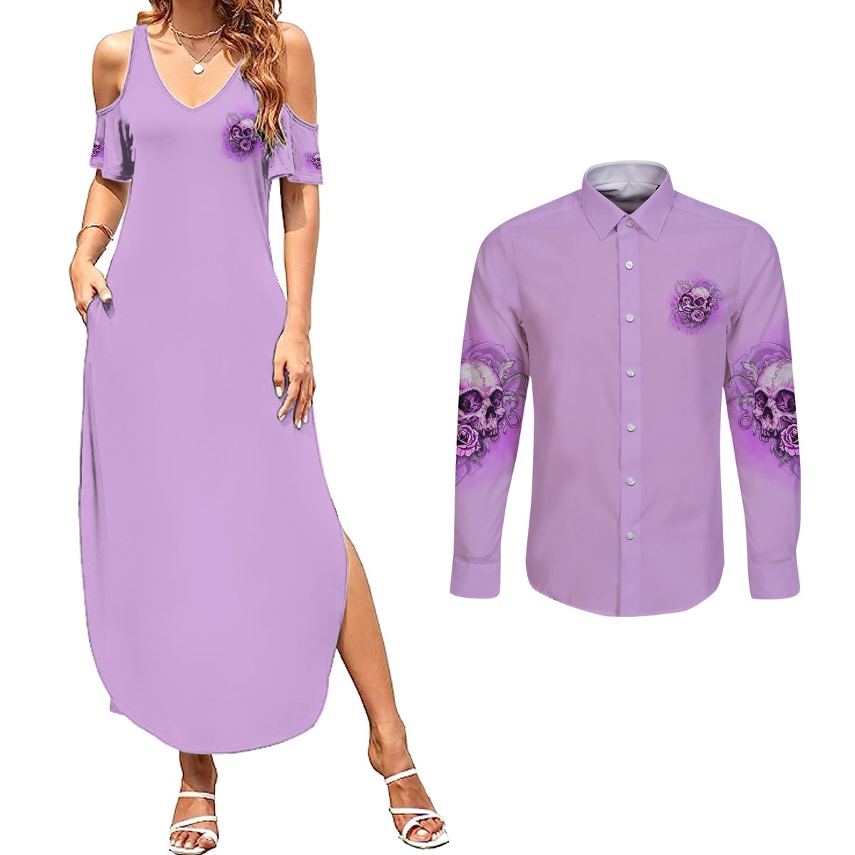 Yes I'm A B But Not Yours Purple Couples Matching Summer Maxi Dress and Long Sleeve Button Shirt - Wonder Print Shop