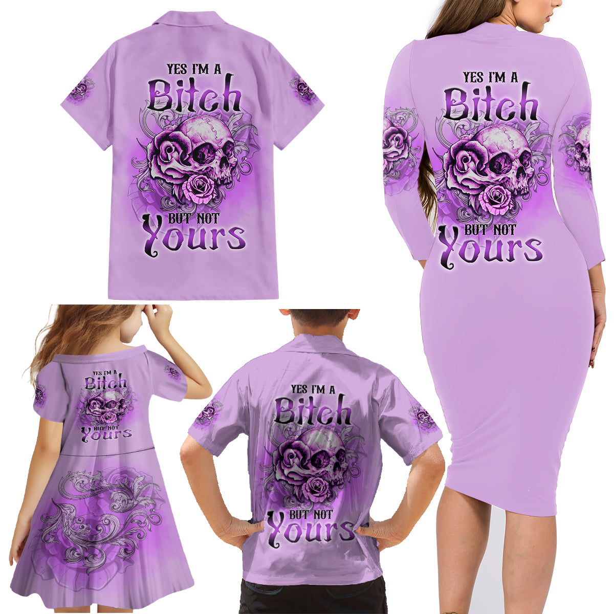 Yes I'm A B But Not Yours Purple Family Matching Long Sleeve Bodycon Dress and Hawaiian Shirt - Wonder Print Shop