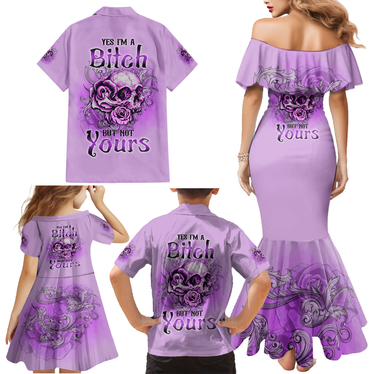 Yes I'm A B But Not Yours Purple Family Matching Mermaid Dress and Hawaiian Shirt - Wonder Print Shop