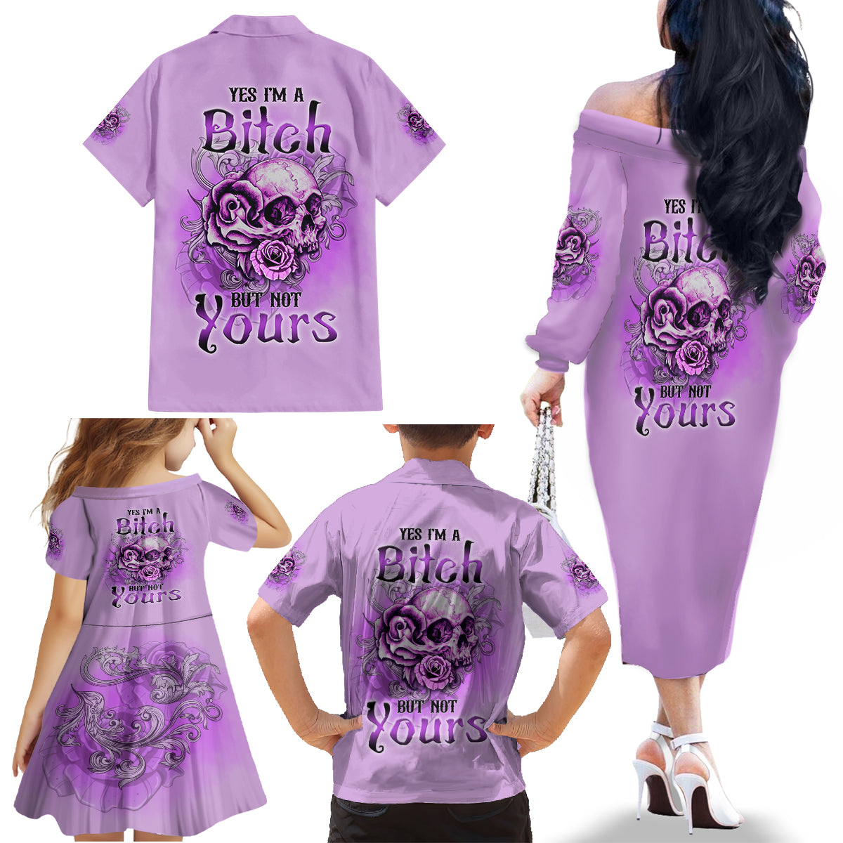 Yes I'm A B But Not Yours Purple Family Matching Off Shoulder Long Sleeve Dress and Hawaiian Shirt - Wonder Print Shop