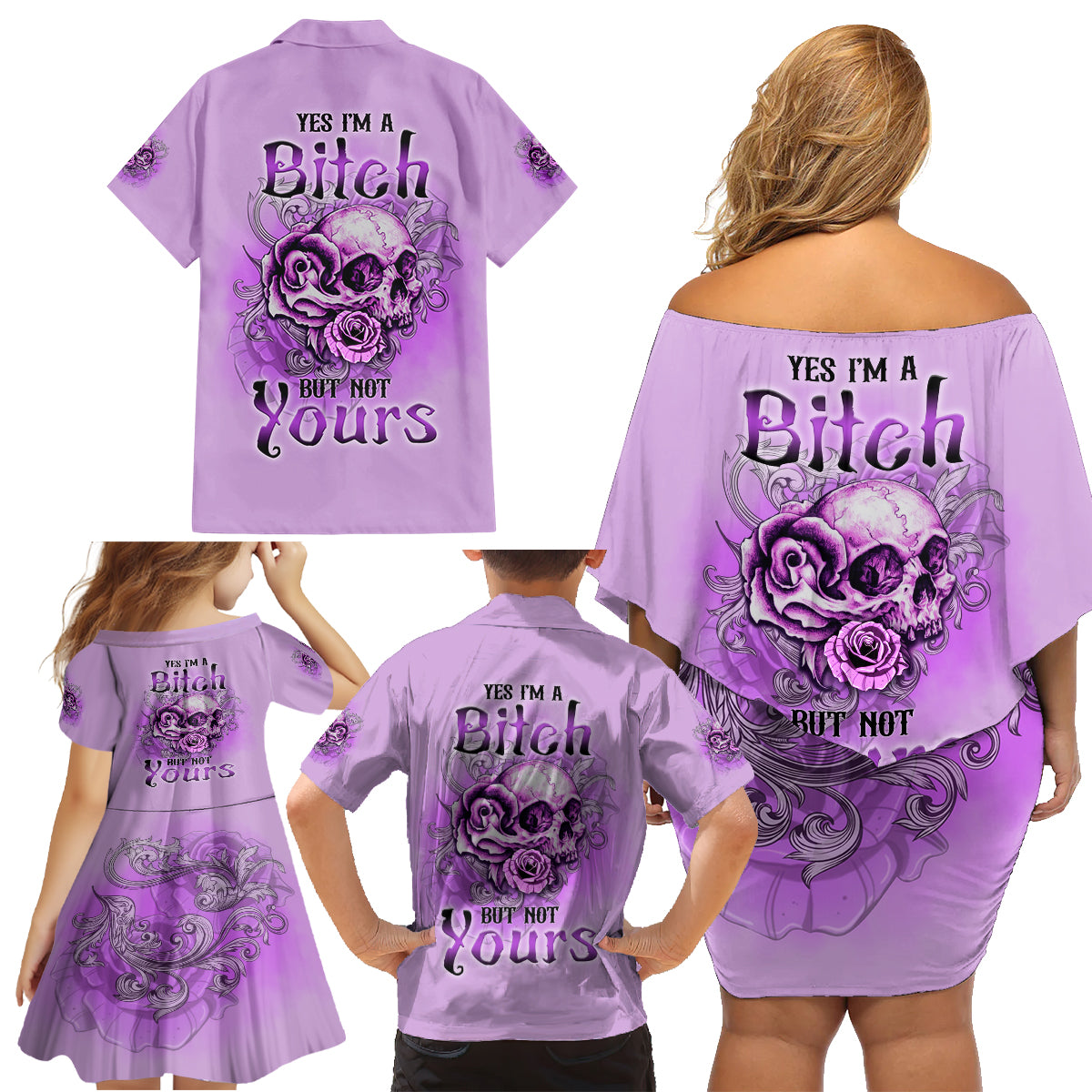 Yes I'm A B But Not Yours Purple Family Matching Off Shoulder Short Dress and Hawaiian Shirt - Wonder Print Shop