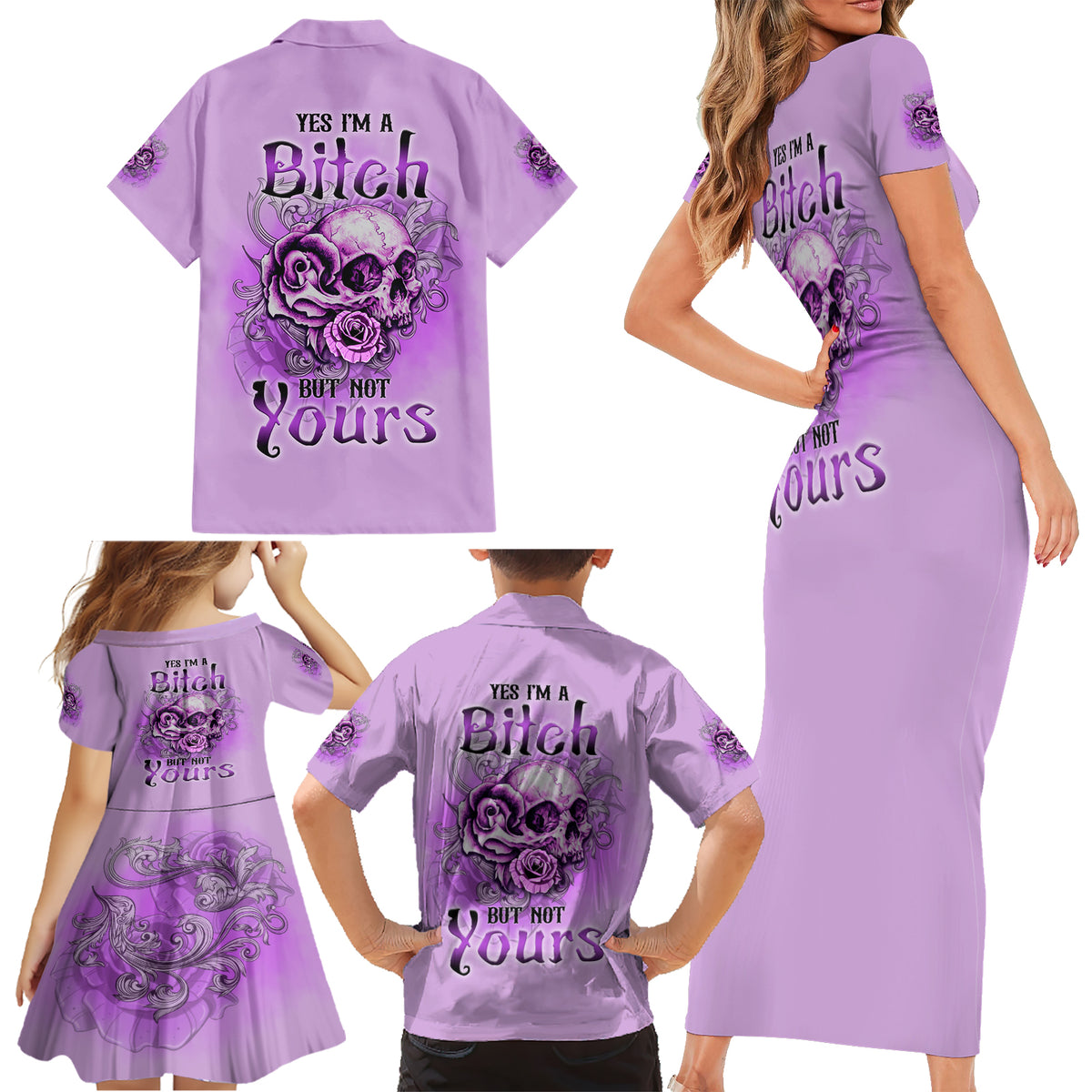 Yes I'm A B But Not Yours Purple Family Matching Short Sleeve Bodycon Dress and Hawaiian Shirt - Wonder Print Shop