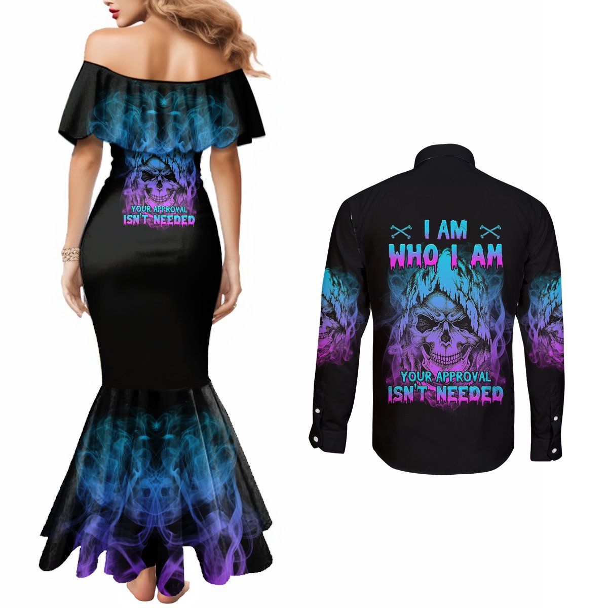 i-am-who-i-am-your-approval-isnt-needed-couples-matching-mermaid-dress-and-long-sleeve-button-shirt