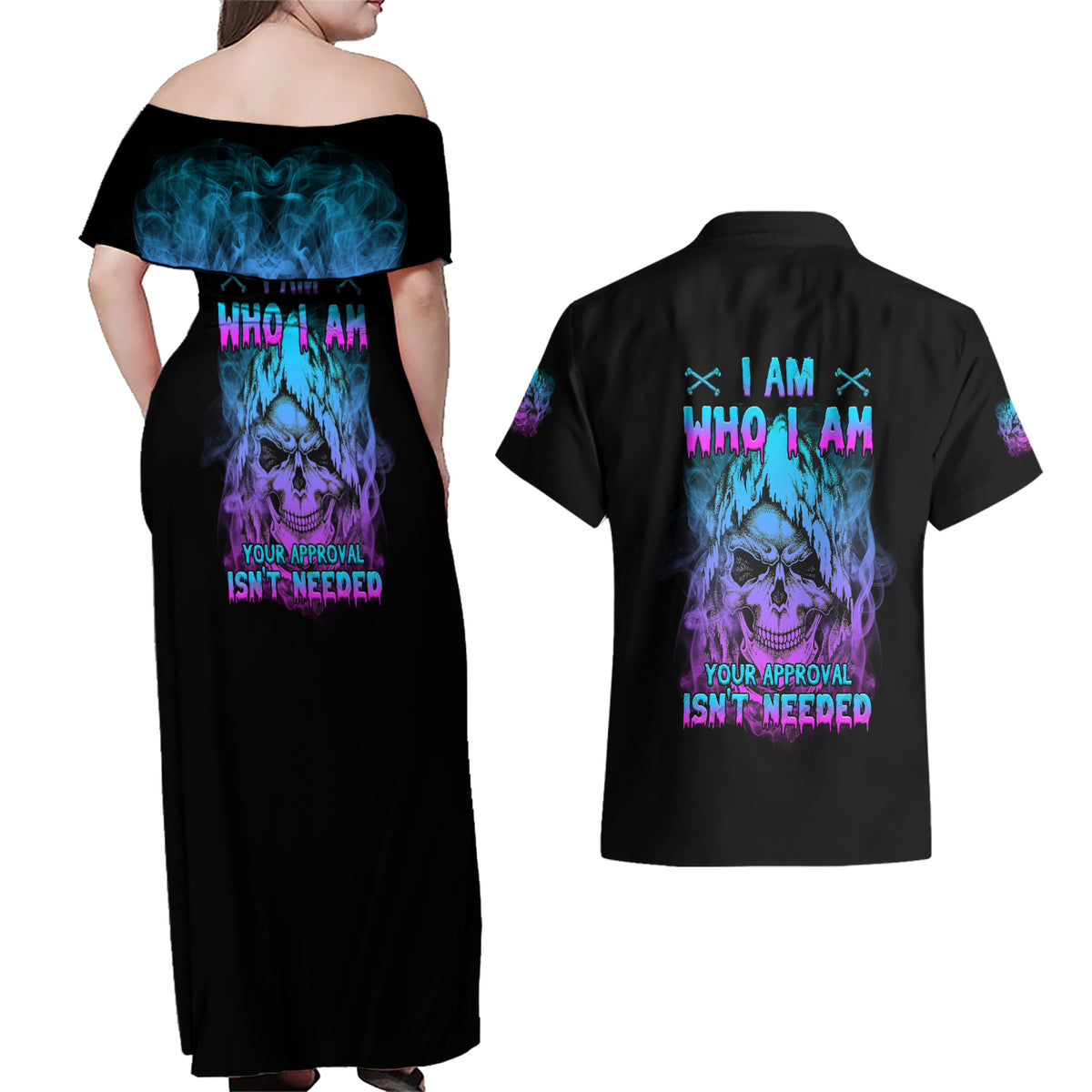 I Am Who I Am Your Approval Isn't Needed Couples Matching Off Shoulder Maxi Dress and Hawaiian Shirt - Wonder Print Shop