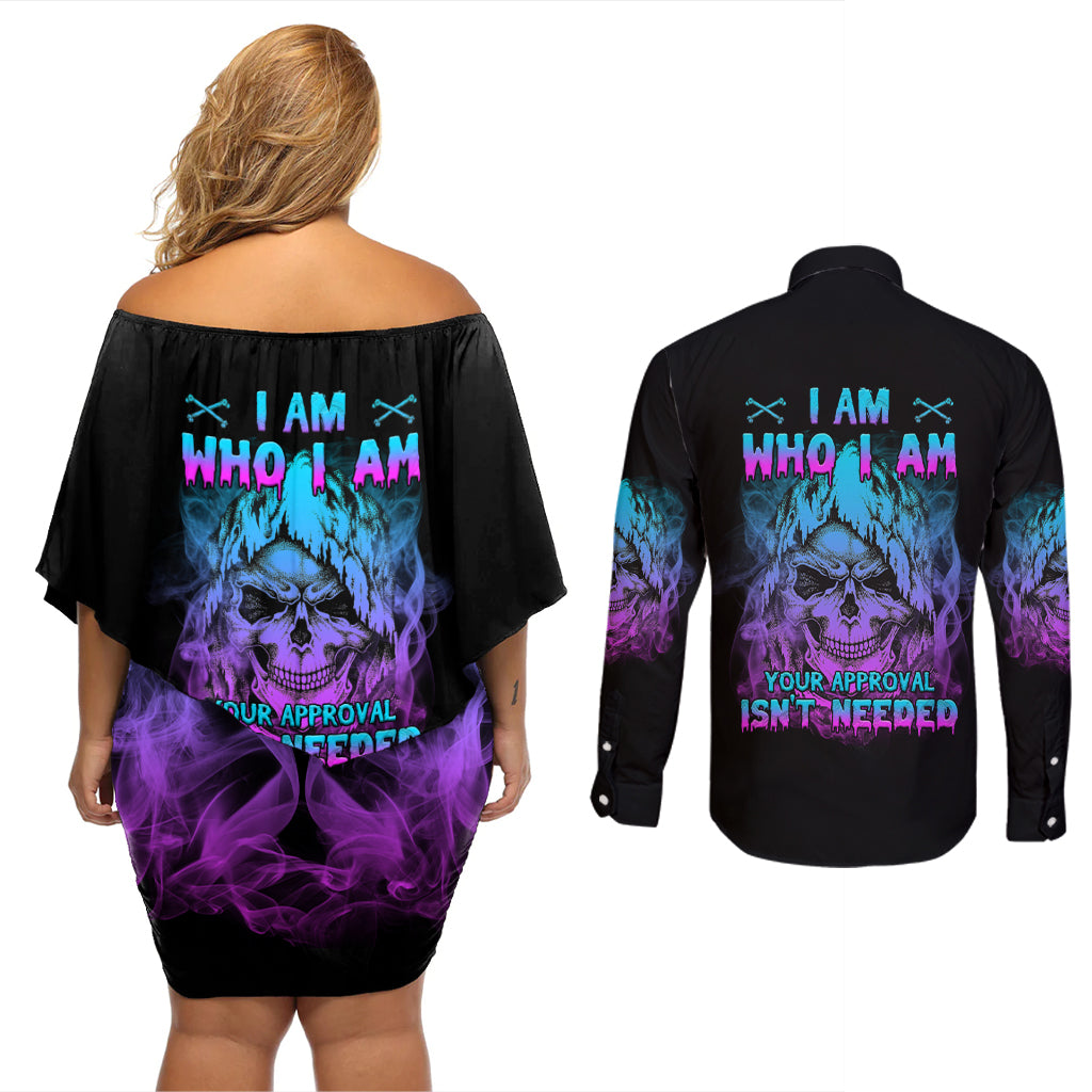 I Am Who I Am Your Approval Isn't Needed Couples Matching Off Shoulder Short Dress and Long Sleeve Button Shirt - Wonder Print Shop