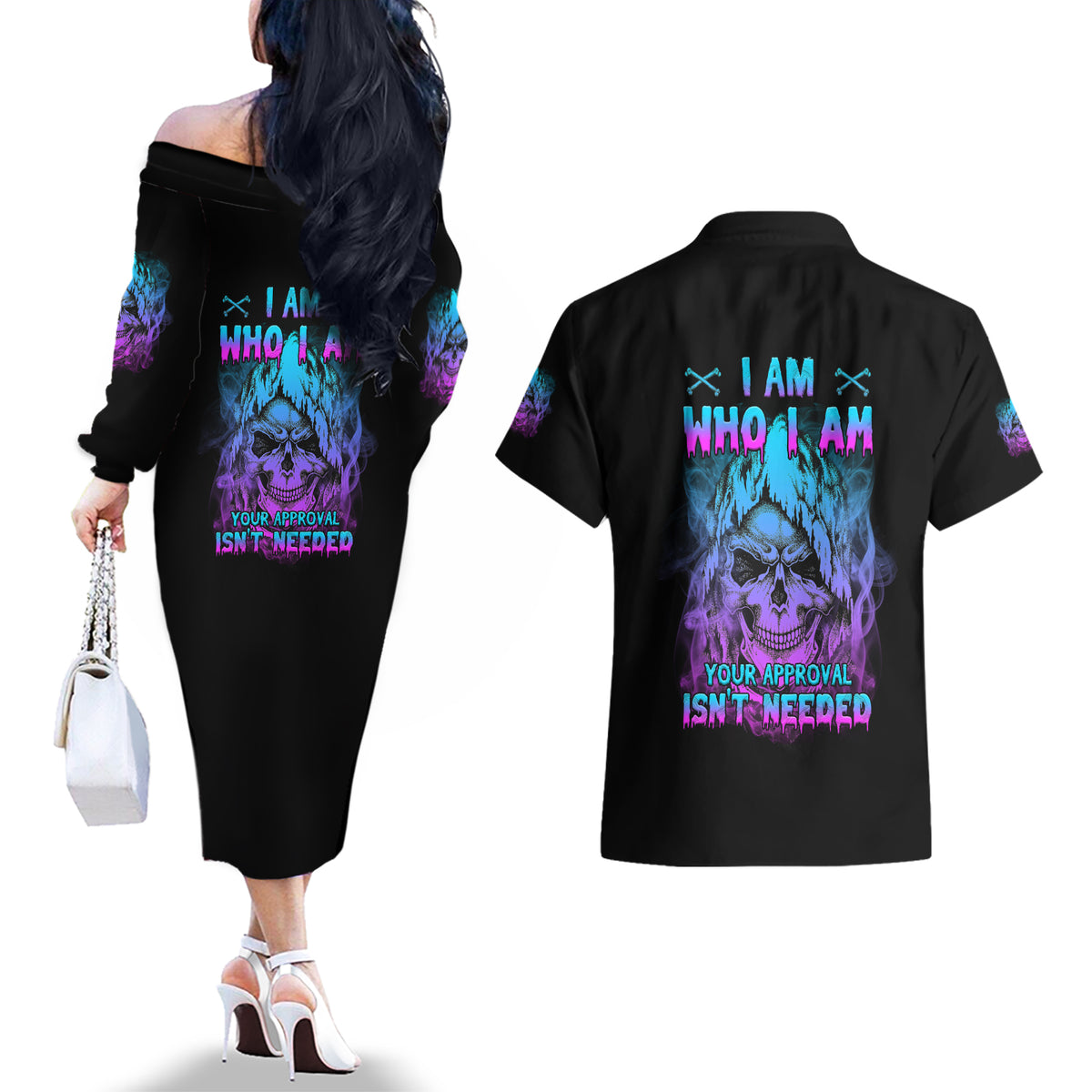 I Am Who I Am Your Approval Isn't Needed Couples Matching Off The Shoulder Long Sleeve Dress and Hawaiian Shirt - Wonder Print Shop