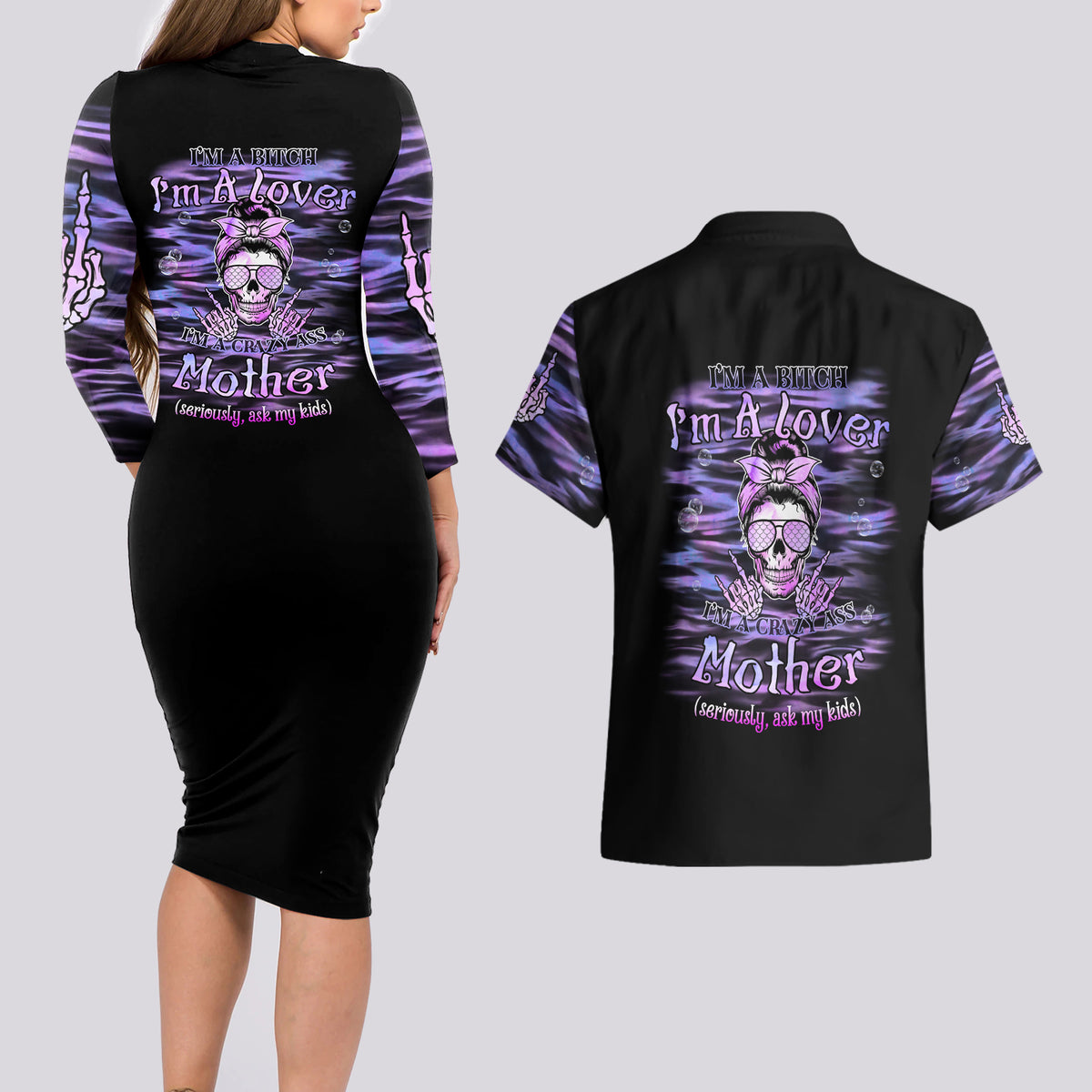 I'm A B I'm A Lover I'm A Crazy Mother Couples Matching Long Sleeve Bodycon Dress and Hawaiian Shirt - Wonder Print Shop