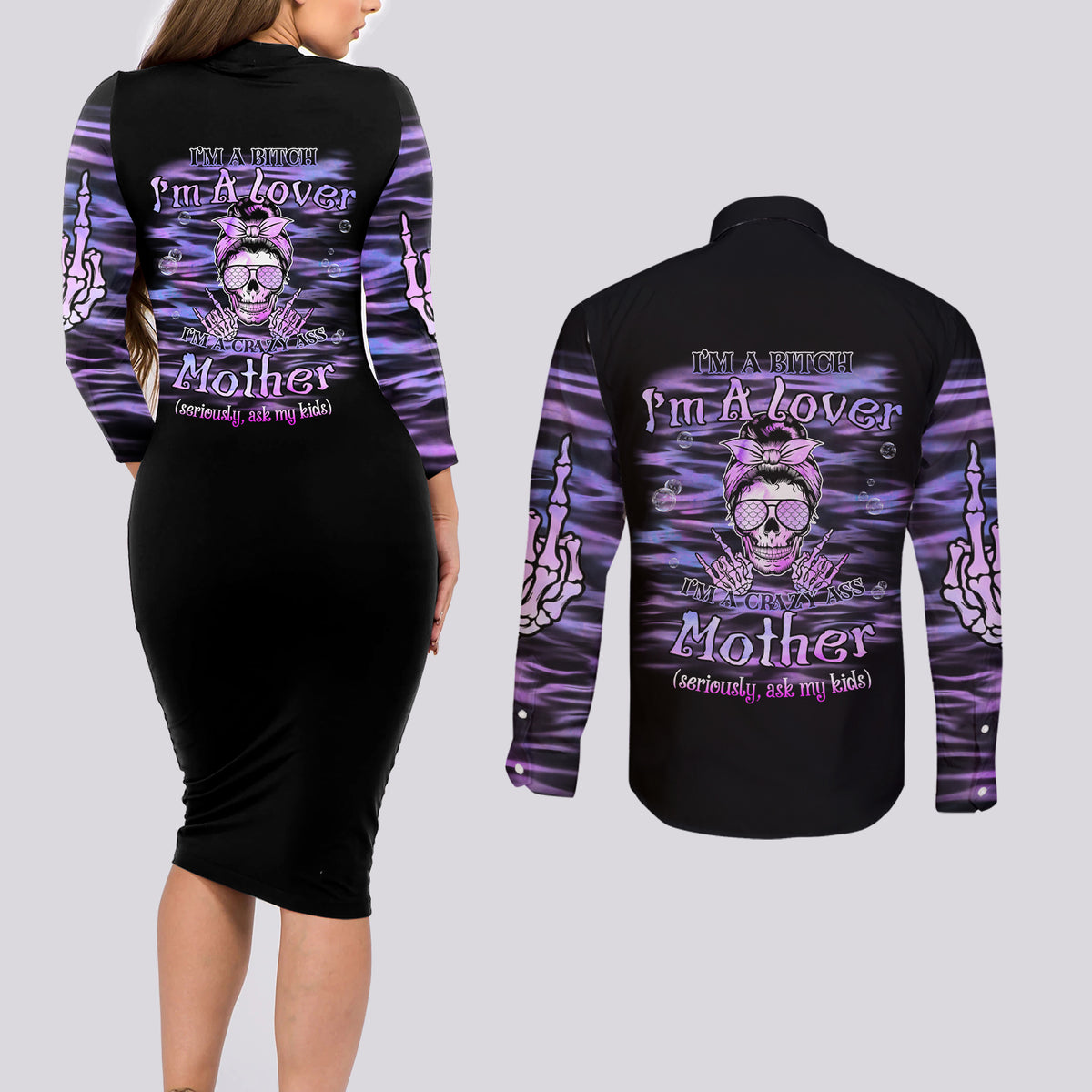 I'm A B I'm A Lover I'm A Crazy Mother Couples Matching Long Sleeve Bodycon Dress and Long Sleeve Button Shirt - Wonder Print Shop