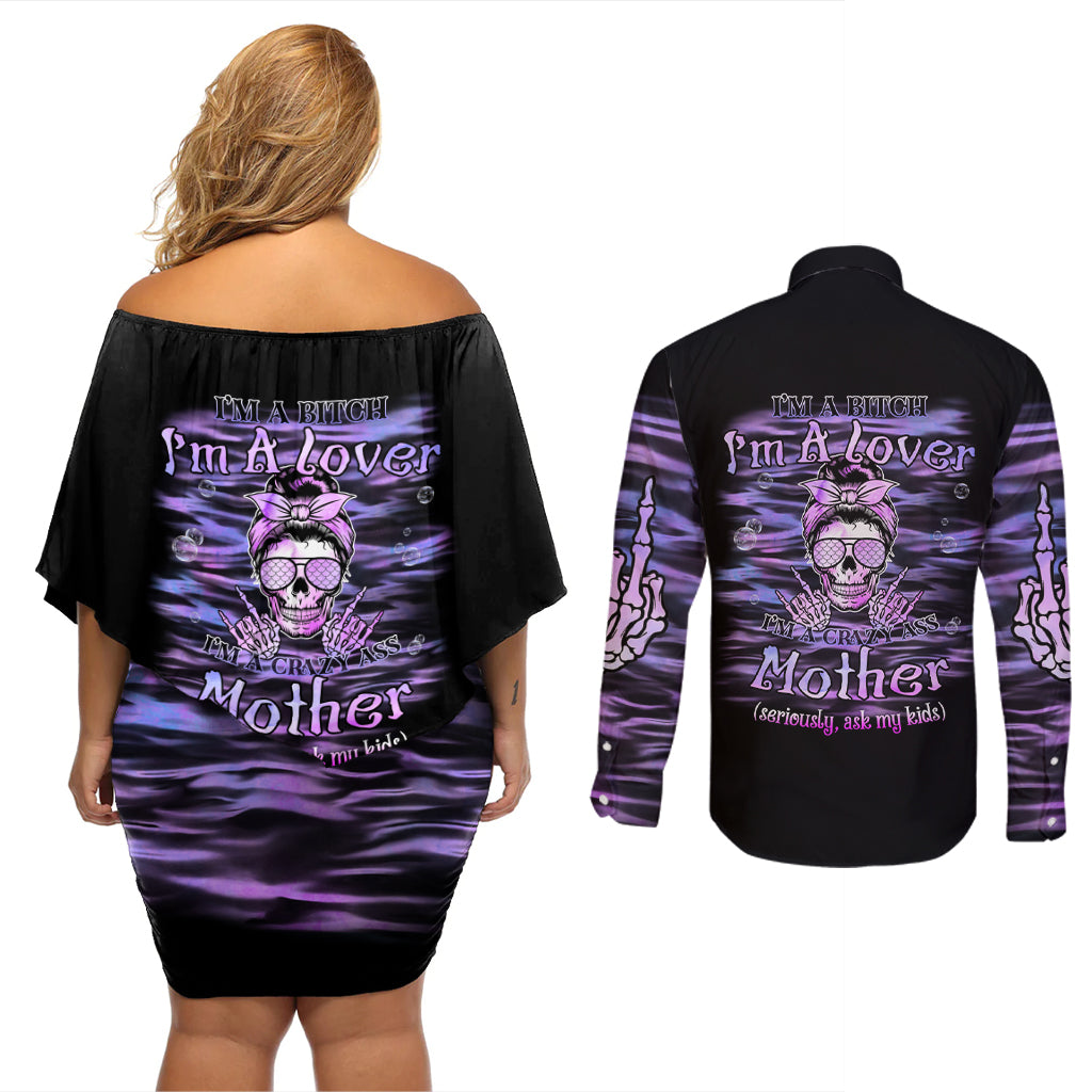 I'm A B I'm A Lover I'm A Crazy Mother Couples Matching Off Shoulder Short Dress and Long Sleeve Button Shirt - Wonder Print Shop