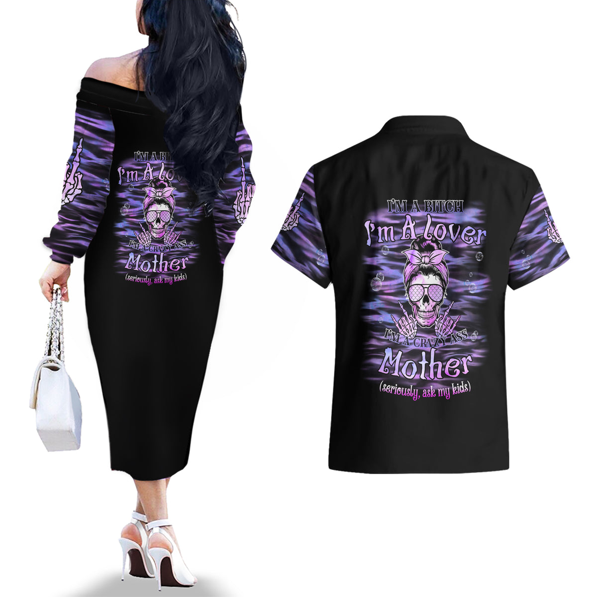 I'm A B I'm A Lover I'm A Crazy Mother Couples Matching Off The Shoulder Long Sleeve Dress and Hawaiian Shirt - Wonder Print Shop