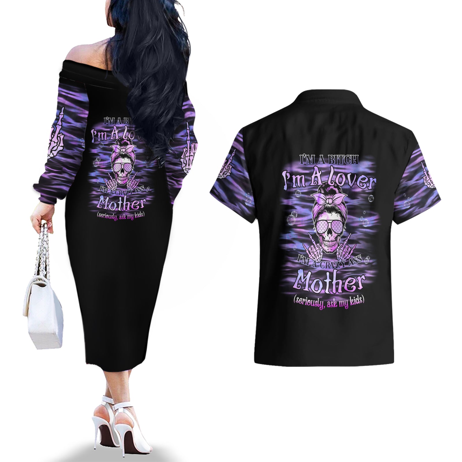 I'm A B I'm A Lover I'm A Crazy Mother Couples Matching Off The Shoulder Long Sleeve Dress and Hawaiian Shirt - Wonder Print Shop
