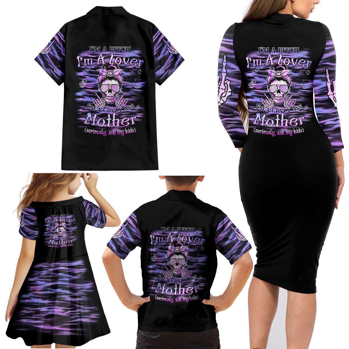 I'm A B I'm A Lover I'm A Crazy Mother Family Matching Long Sleeve Bodycon Dress and Hawaiian Shirt - Wonder Print Shop