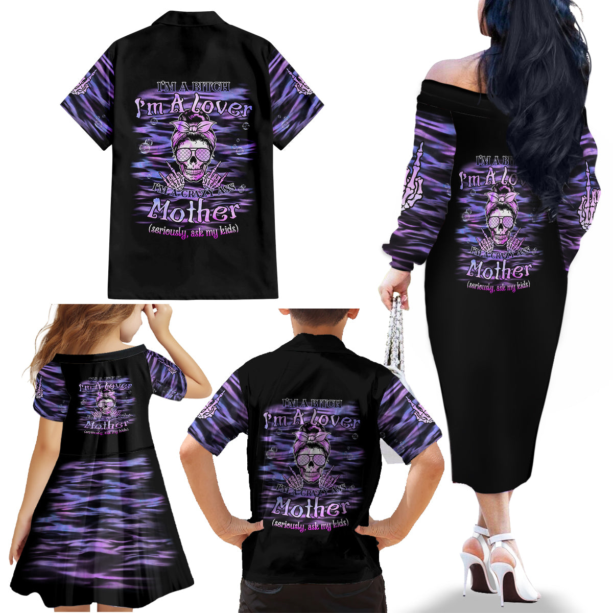 I'm A B I'm A Lover I'm A Crazy Mother Family Matching Off Shoulder Long Sleeve Dress and Hawaiian Shirt - Wonder Print Shop