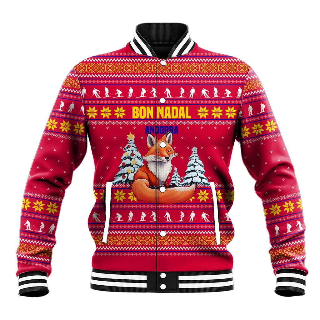 Bon Nadal Andorra Christmas Baseball Jacket with Fox Snowy Trees and Andorran Flag - Wonder Print Shop