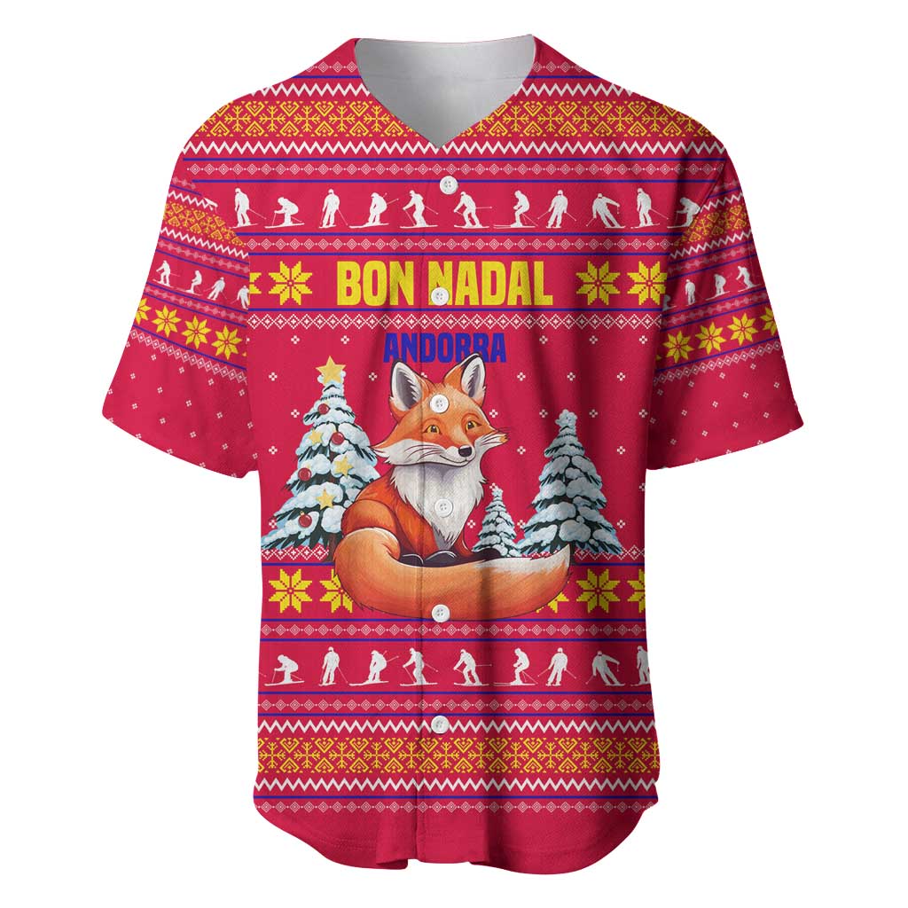 Bon Nadal Andorra Christmas Baseball Jersey with Fox Snowy Trees and Andorran Flag - Wonder Print Shop