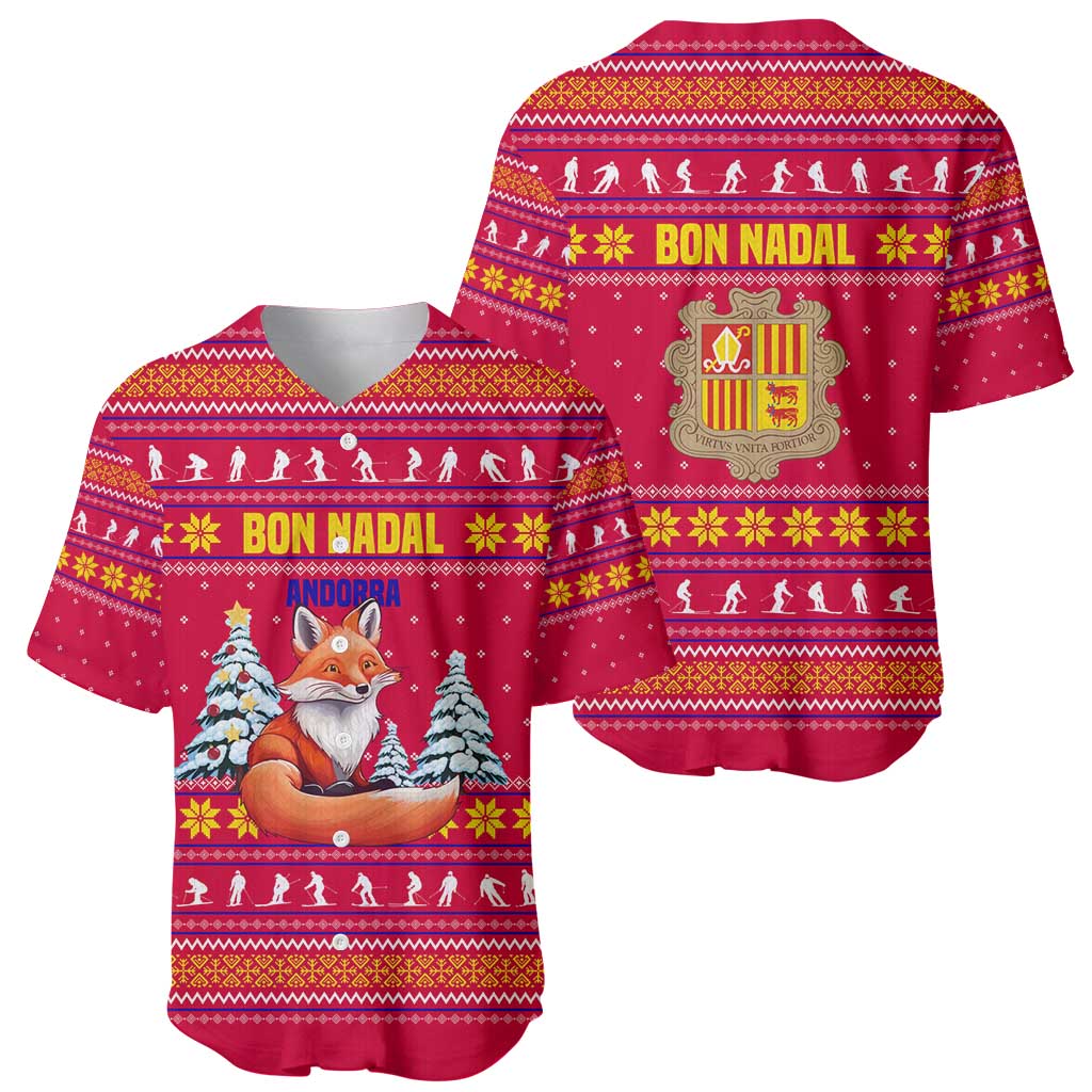 Bon Nadal Andorra Christmas Baseball Jersey with Fox Snowy Trees and Andorran Flag - Wonder Print Shop