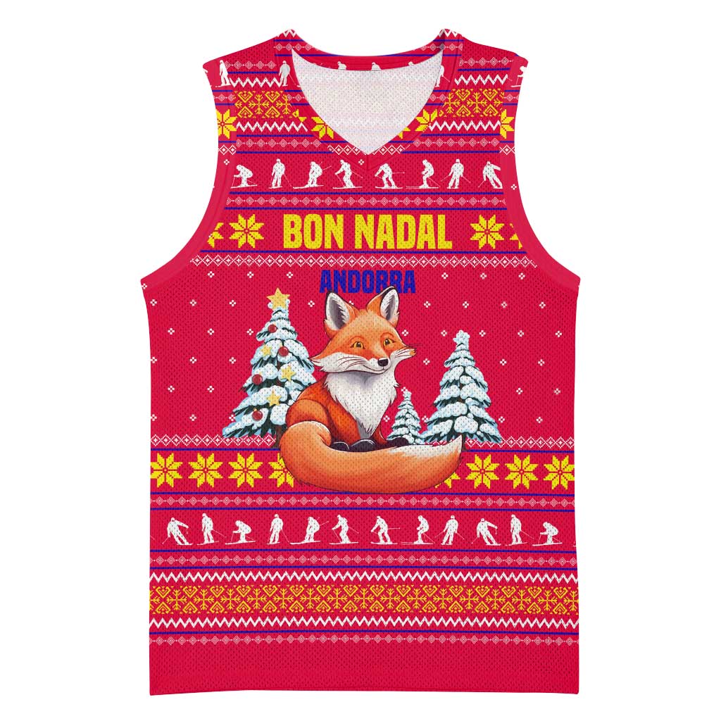 Bon Nadal Andorra Christmas Basketball Jersey with Fox Snowy Trees and Andorran Flag - Wonder Print Shop
