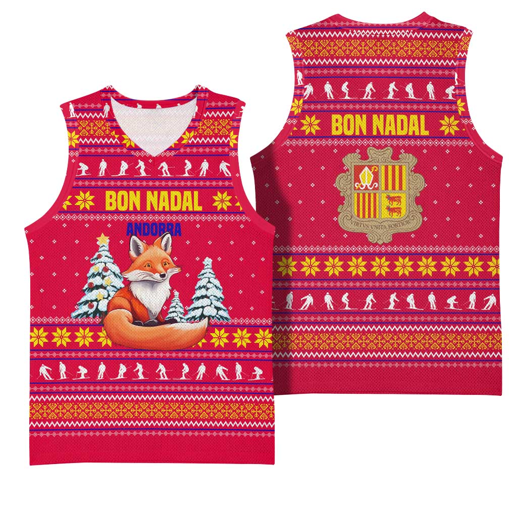 Bon Nadal Andorra Christmas Basketball Jersey with Fox Snowy Trees and Andorran Flag - Wonder Print Shop