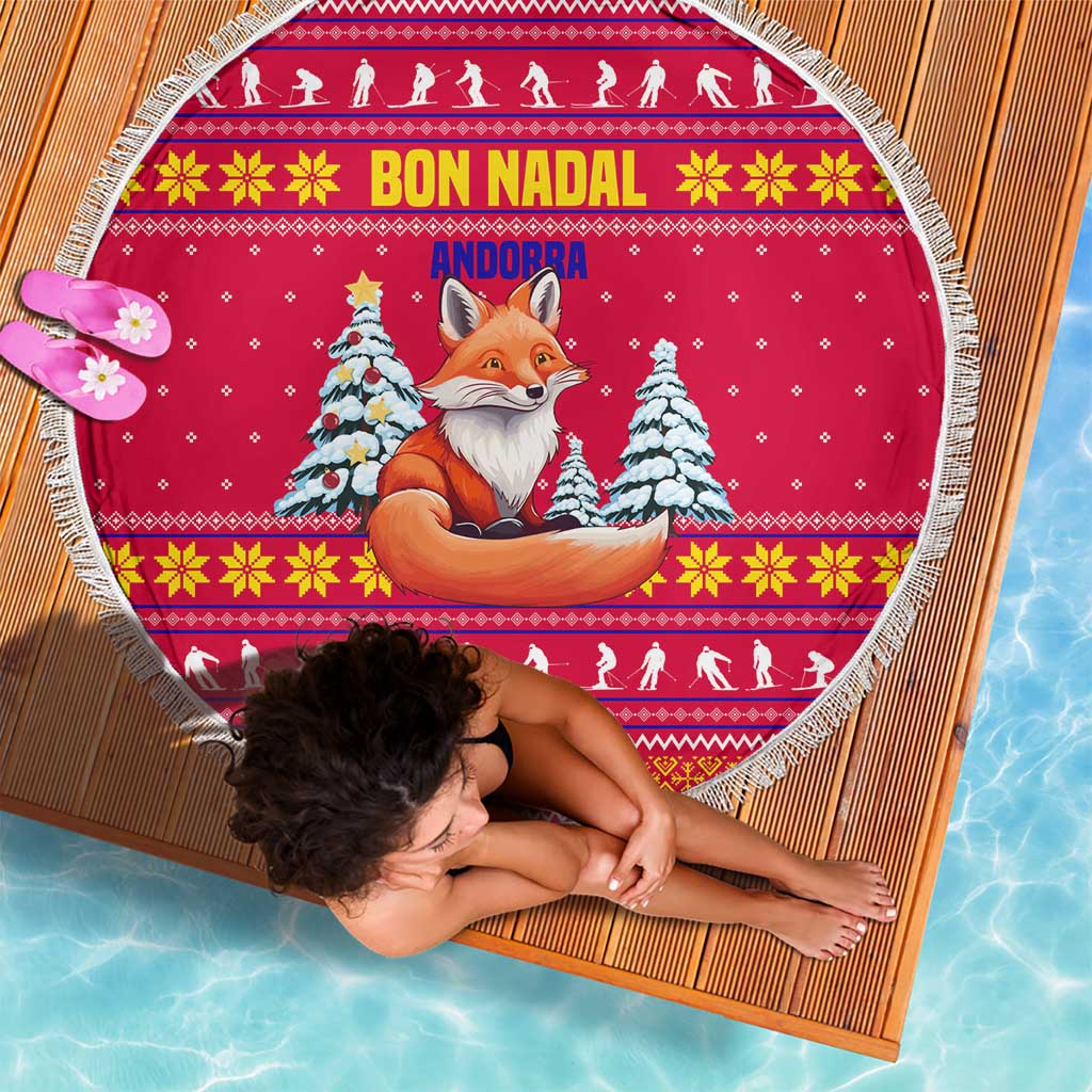 Bon Nadal Andorra Christmas Beach Blanket with Fox Snowy Trees and Andorran Flag - Wonder Print Shop