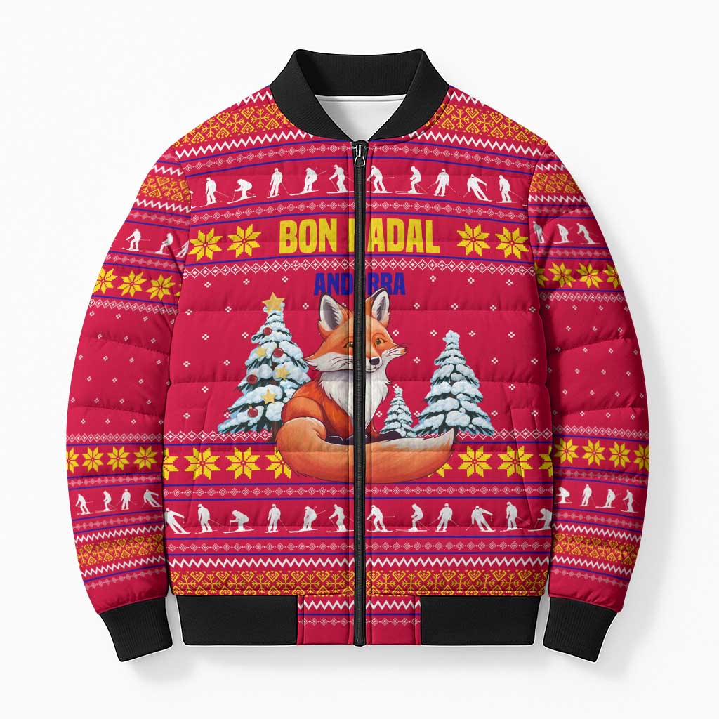 Bon Nadal Andorra Christmas Bomber Puffer Jacket with Fox Snowy Trees and Andorran Flag - Wonder Print Shop