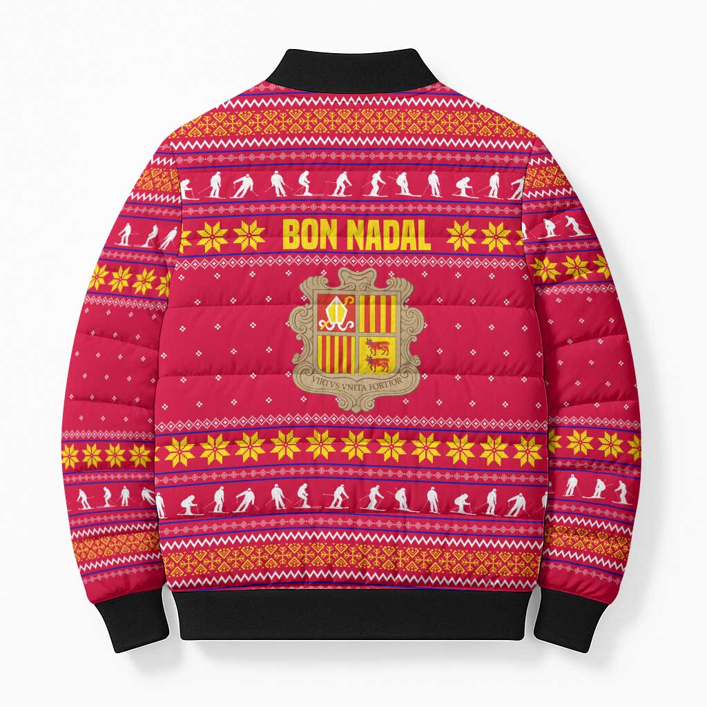 Bon Nadal Andorra Christmas Bomber Puffer Jacket with Fox Snowy Trees and Andorran Flag - Wonder Print Shop