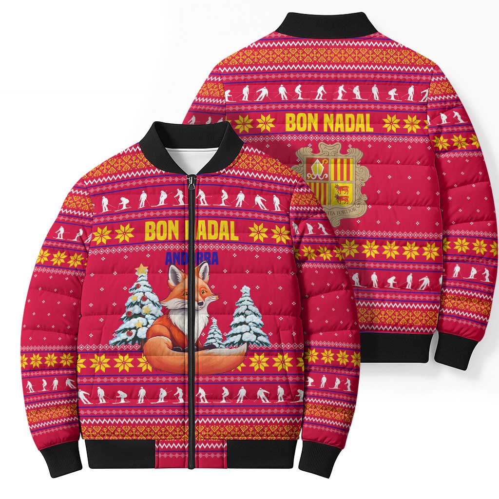 Bon Nadal Andorra Christmas Bomber Puffer Jacket with Fox Snowy Trees and Andorran Flag - Wonder Print Shop
