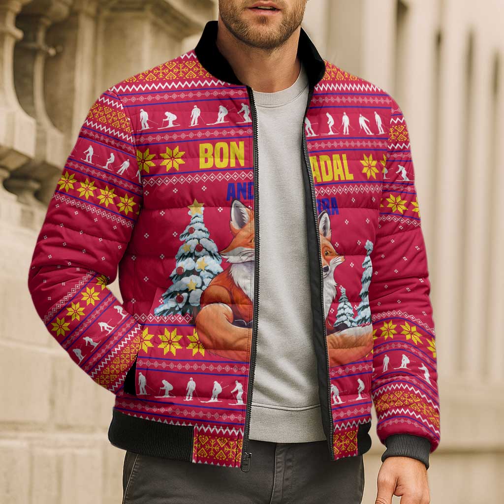Bon Nadal Andorra Christmas Bomber Puffer Jacket with Fox Snowy Trees and Andorran Flag - Wonder Print Shop