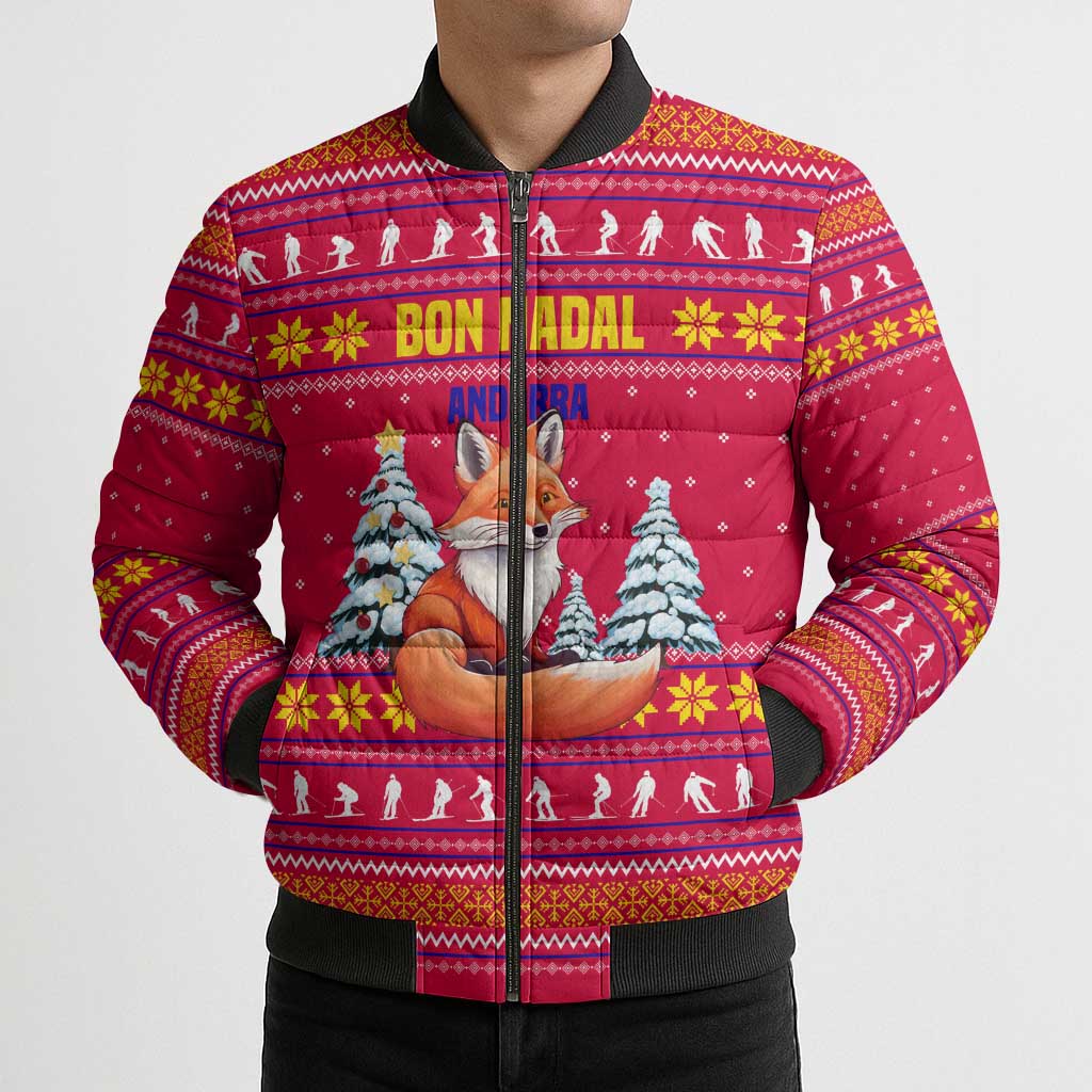 Bon Nadal Andorra Christmas Bomber Puffer Jacket with Fox Snowy Trees and Andorran Flag - Wonder Print Shop