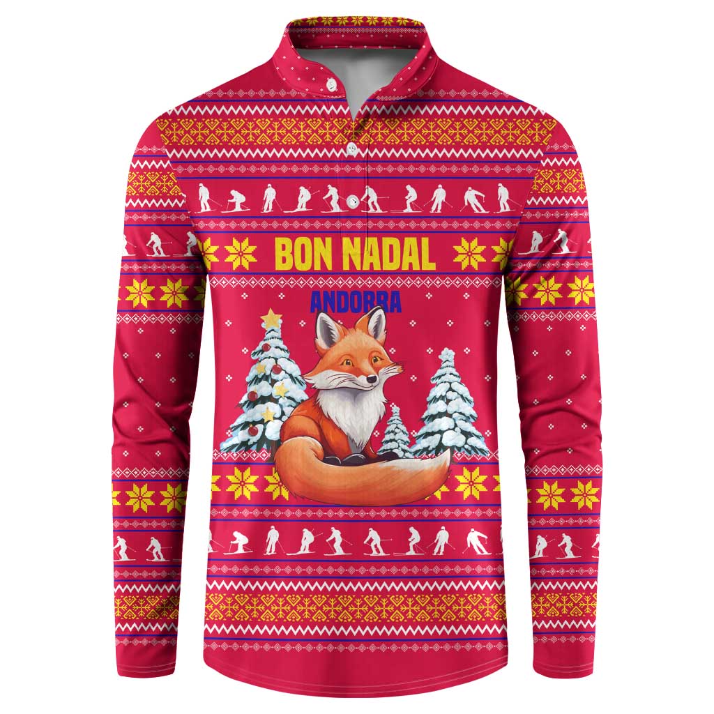 Bon Nadal Andorra Christmas Button Sweatshirt with Fox Snowy Trees and Andorran Flag - Wonder Print Shop