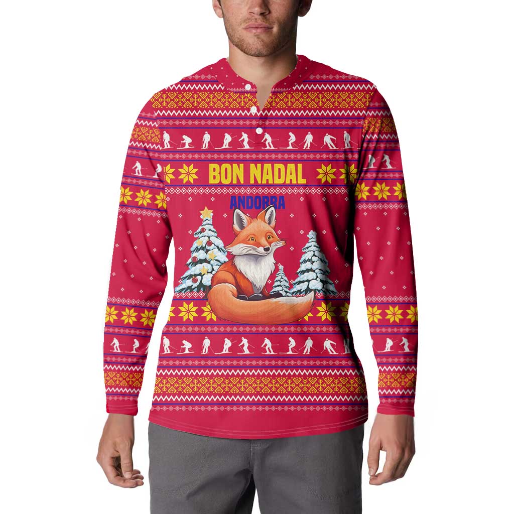 Bon Nadal Andorra Christmas Button Sweatshirt with Fox Snowy Trees and Andorran Flag - Wonder Print Shop