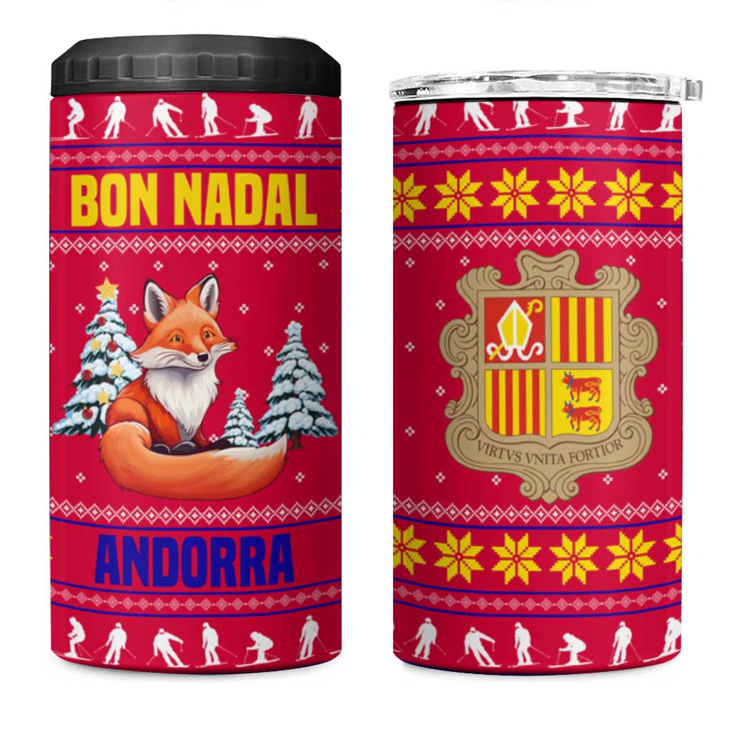 Bon Nadal Andorra Christmas 4 in 1 Can Cooler Tumbler with Fox Snowy Trees and Andorran Flag - Wonder Print Shop