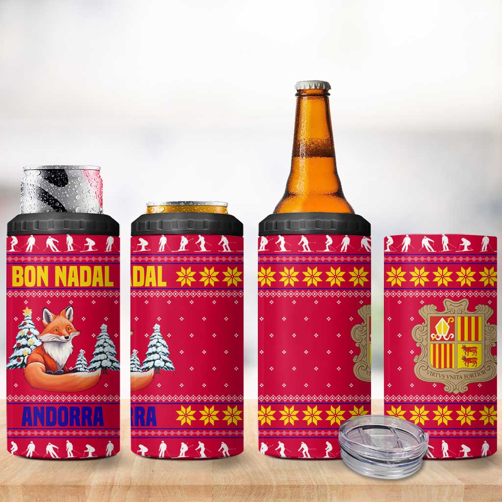 Bon Nadal Andorra Christmas 4 in 1 Can Cooler Tumbler with Fox Snowy Trees and Andorran Flag - Wonder Print Shop