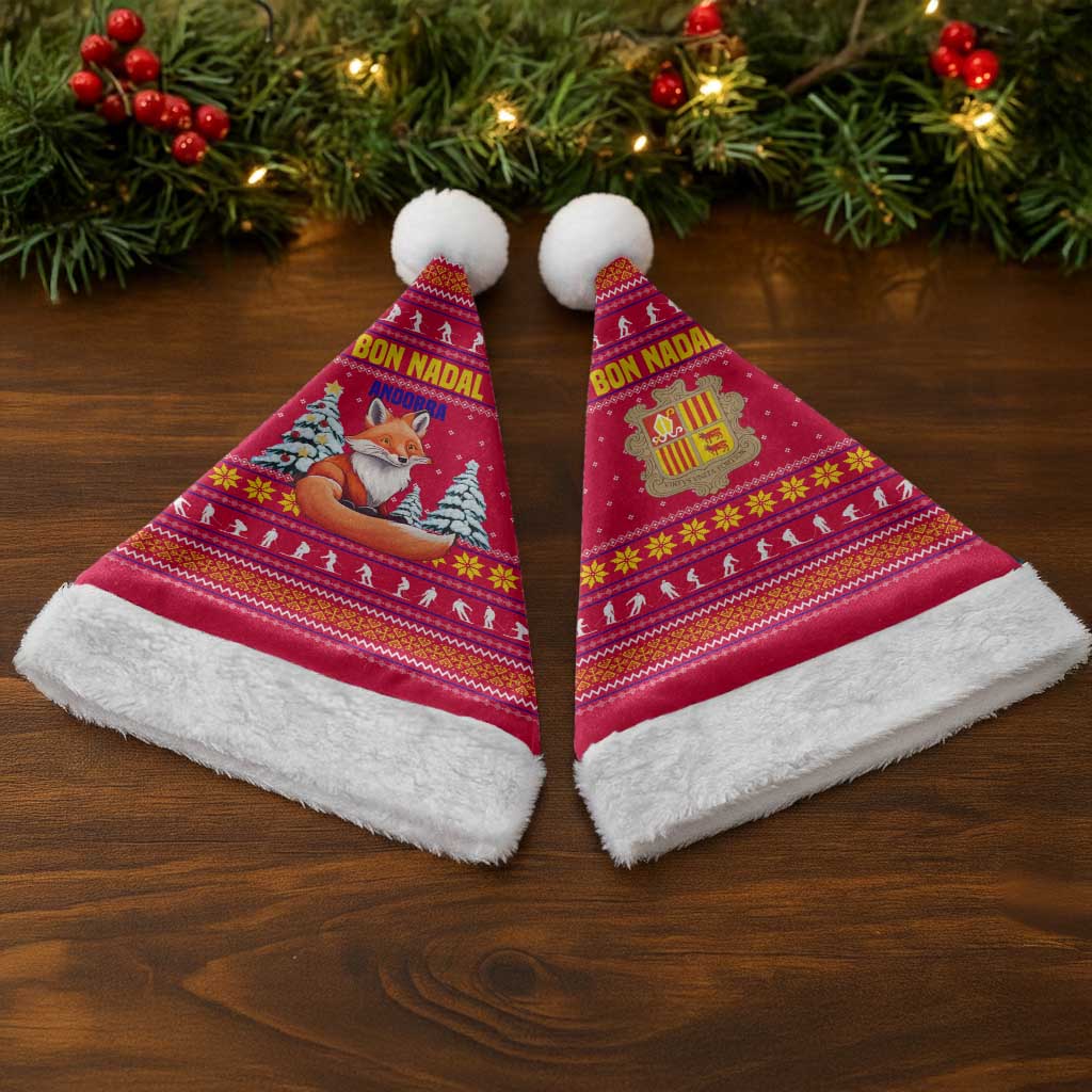 Bon Nadal Andorra Christmas Santa Hat with Fox Snowy Trees and Andorran Flag - Wonder Print Shop