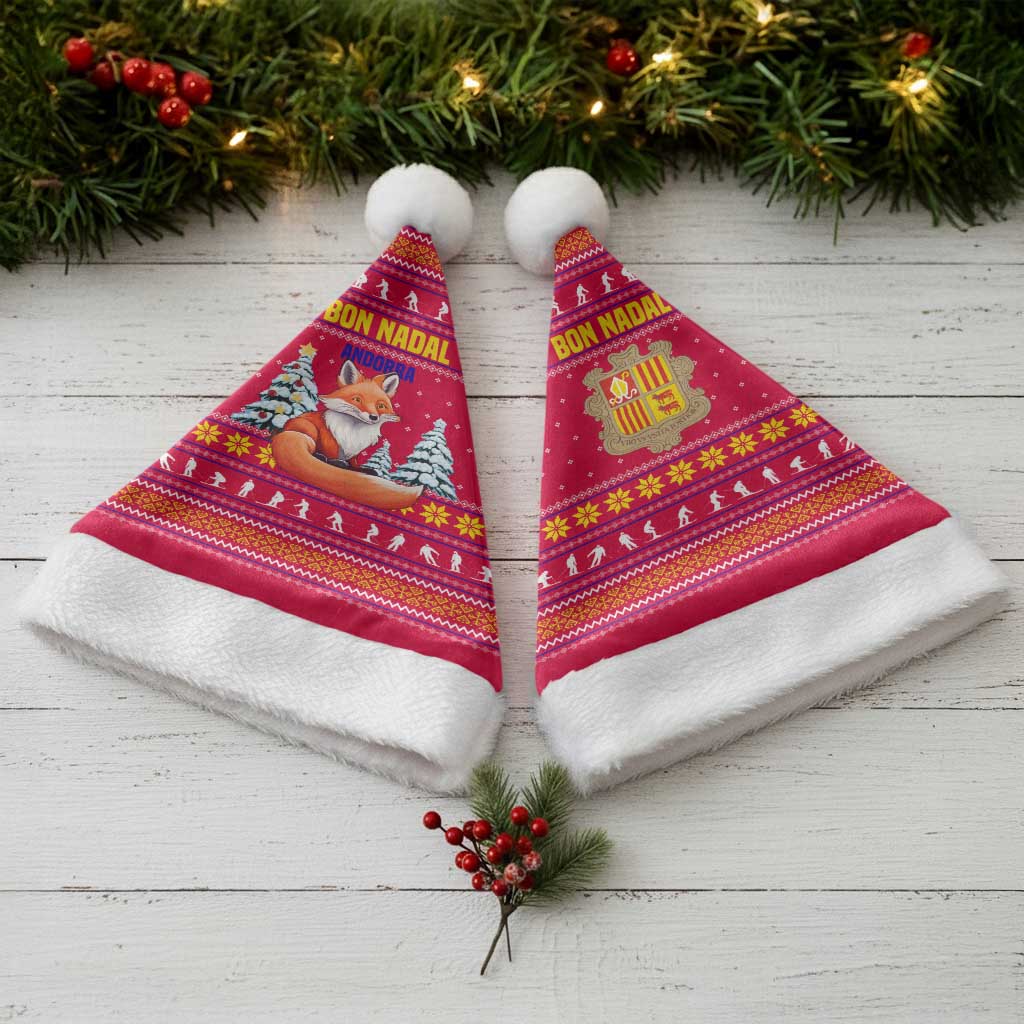 Bon Nadal Andorra Christmas Santa Hat with Fox Snowy Trees and Andorran Flag - Wonder Print Shop