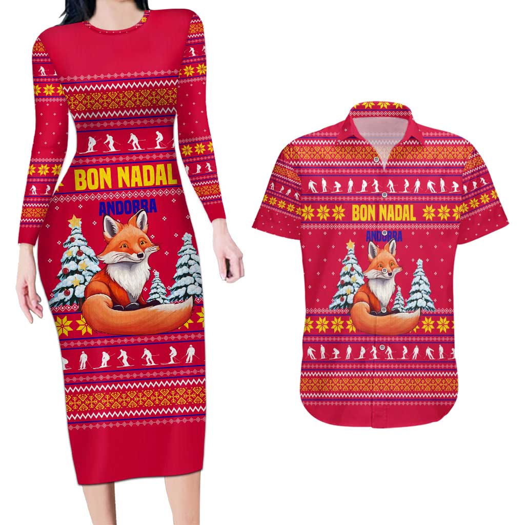 Bon Nadal Andorra Christmas Couples Matching Long Sleeve Bodycon Dress and Hawaiian Shirt with Fox Snowy Trees and Andorran Flag - undefined