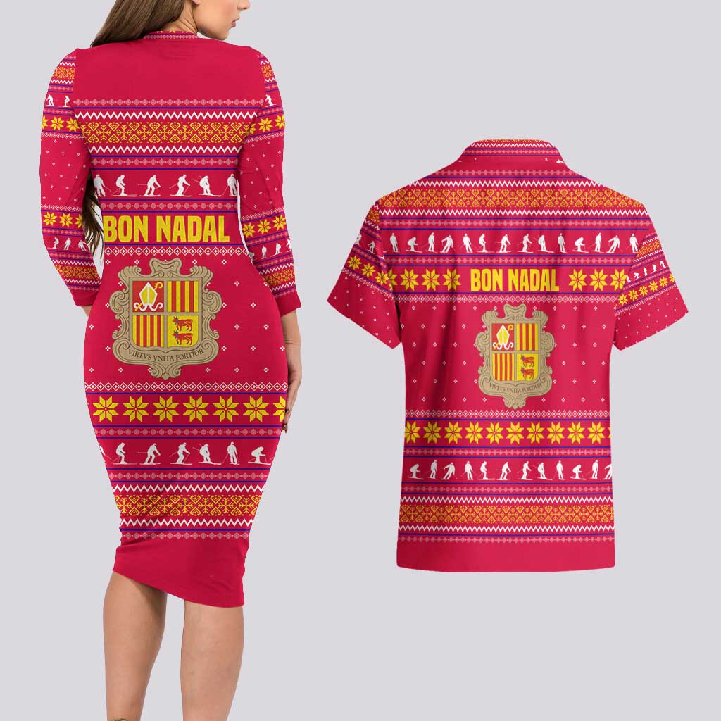 Bon Nadal Andorra Christmas Couples Matching Long Sleeve Bodycon Dress and Hawaiian Shirt with Fox Snowy Trees and Andorran Flag - undefined