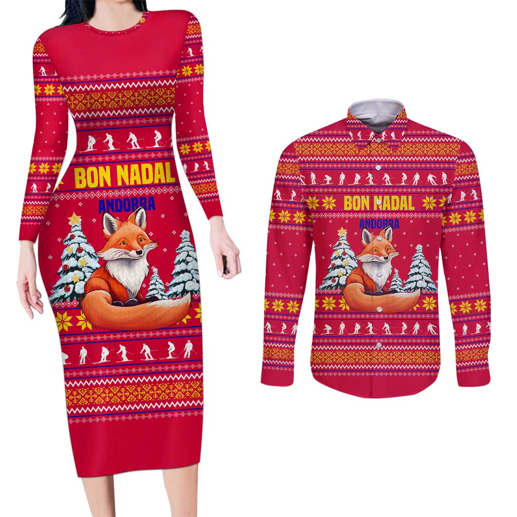 Bon Nadal Andorra Christmas Couples Matching Long Sleeve Bodycon Dress and Long Sleeve Button Shirt with Fox Snowy Trees and Andorran Flag - Wonder Print Shop